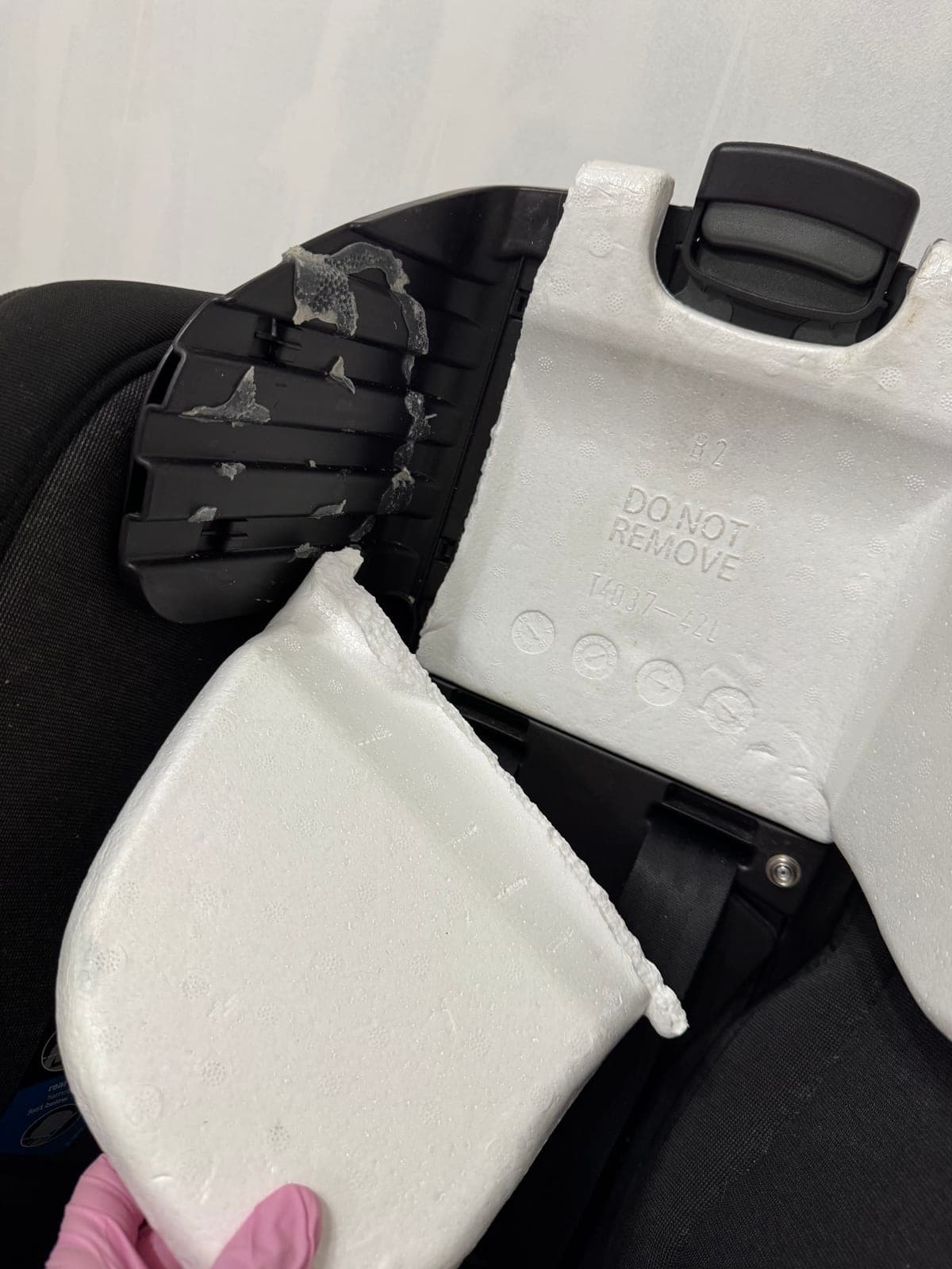 Piece of car seat headrest foam that has broken off completely