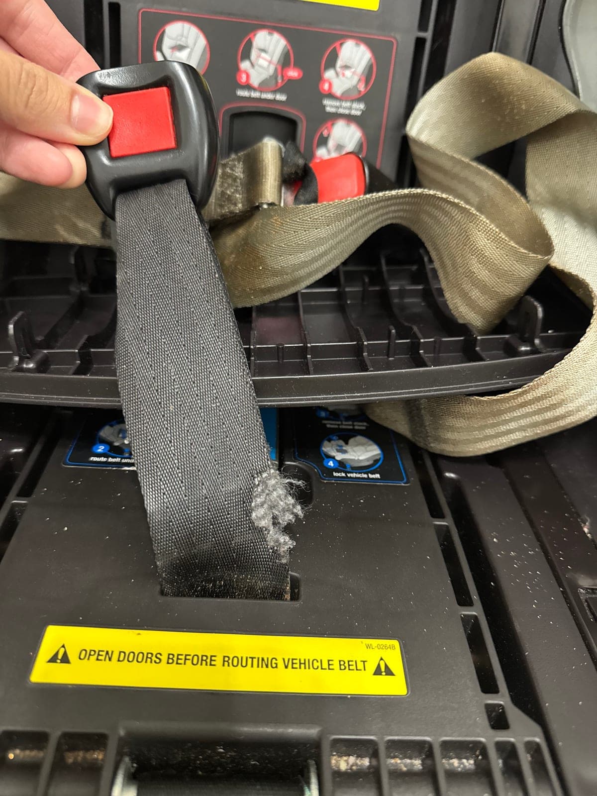 Car seat buckle strap with frayed webbing along one edge